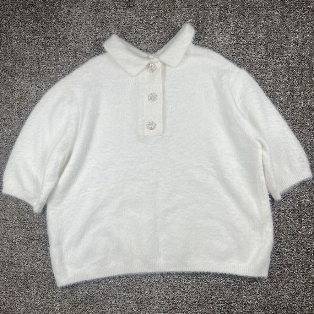H&M Fuzzy Pearl Short Sleeve Collar Oversized Christmas Sweater Women's Size M - Picture 5 of 16